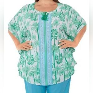 NEW Plus SIze 2X Ruby Rd Women's  Split Neck Palm Print Crepe Woven Top $69